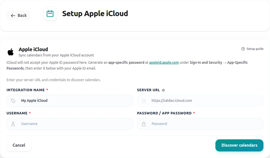 Connecting an Apple iCloud calendar in Tymeslot with an app-specific password