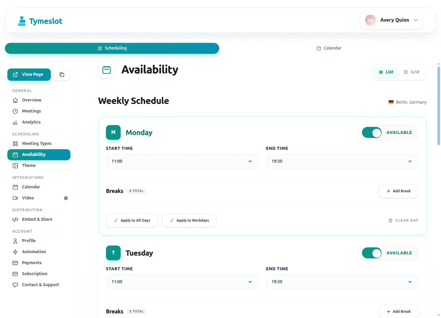 The weekly availability editor in Tymeslot