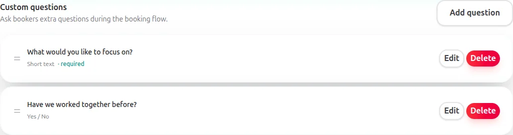 Adding custom booking questions to a meeting type in Tymeslot