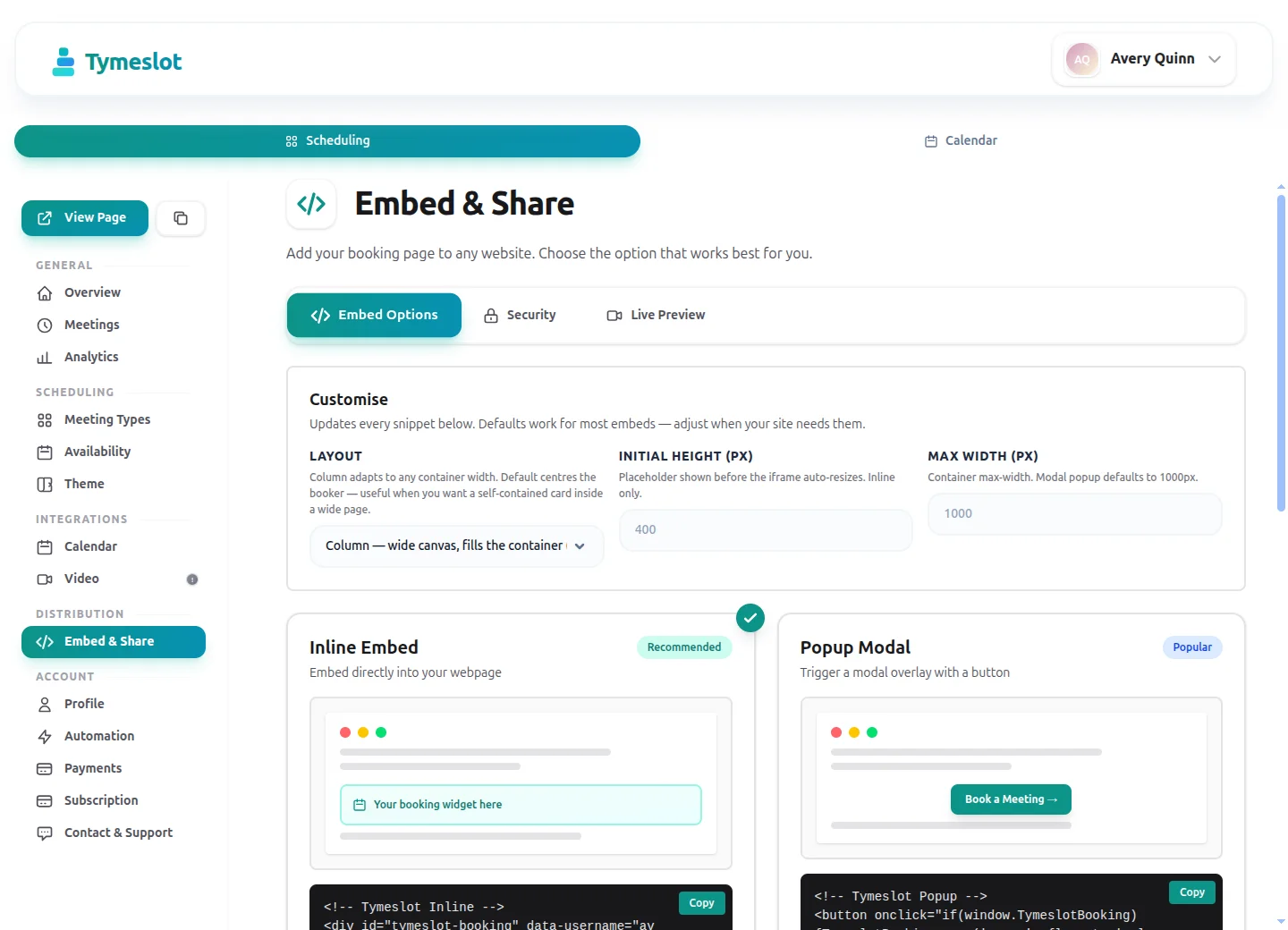 The embed options in Tymeslot, with inline and popup snippets