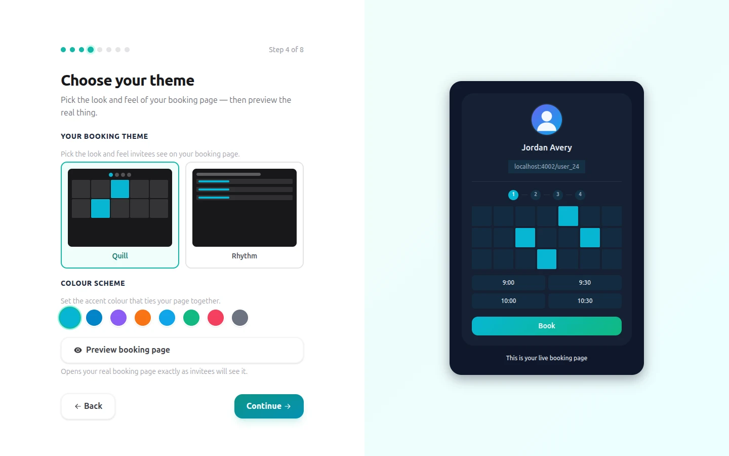 Choosing a booking-page theme during onboarding, with a live preview of the booking page alongside