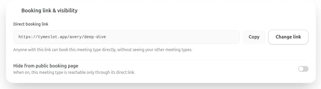 A meeting type's direct booking link and the toggle that hides it from the public page