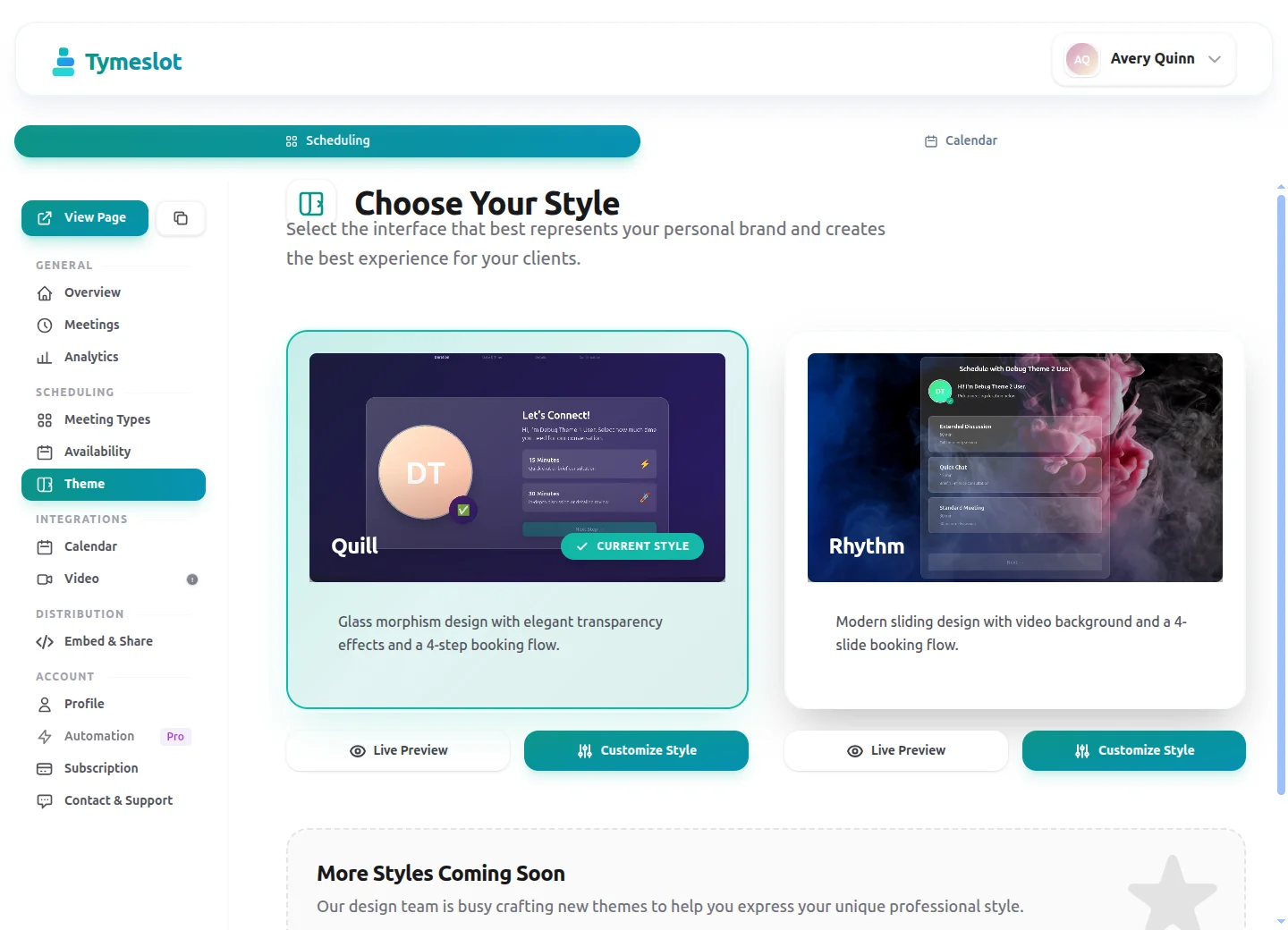 Choosing a booking-page theme in the Tymeslot dashboard