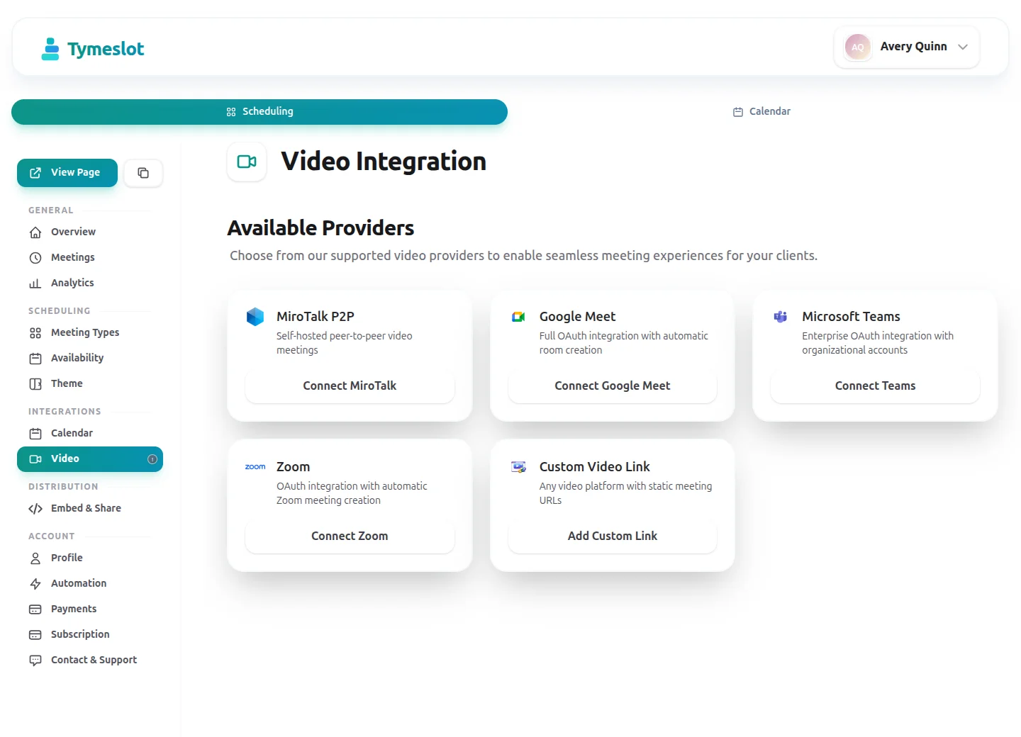Video provider options in Tymeslot, including Zoom, Google Meet, and Microsoft Teams