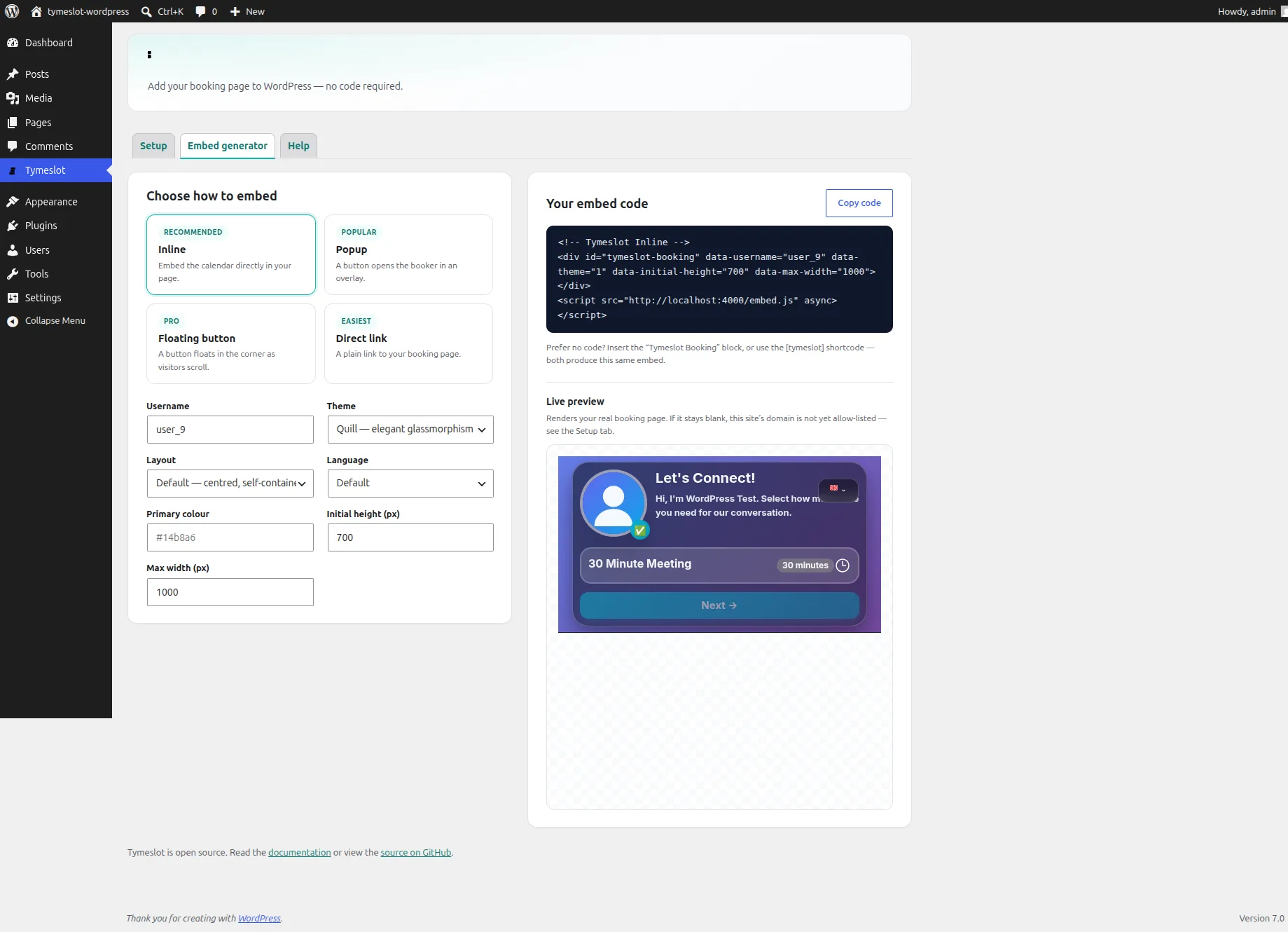 The Tymeslot embed generator inside the WordPress admin, with a live preview of the booking page