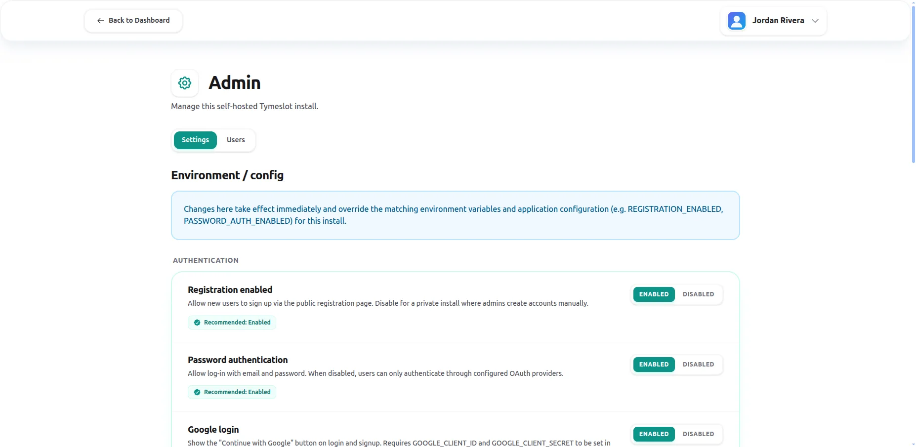 The /admin settings page showing Environment / config toggles for registration, password authentication, and OAuth providers