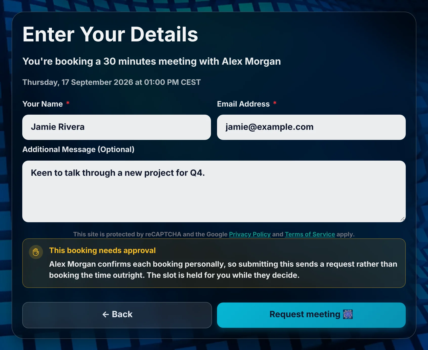 The booking details form for a meeting type that needs approval, with a This booking needs approval notice and a Request meeting button