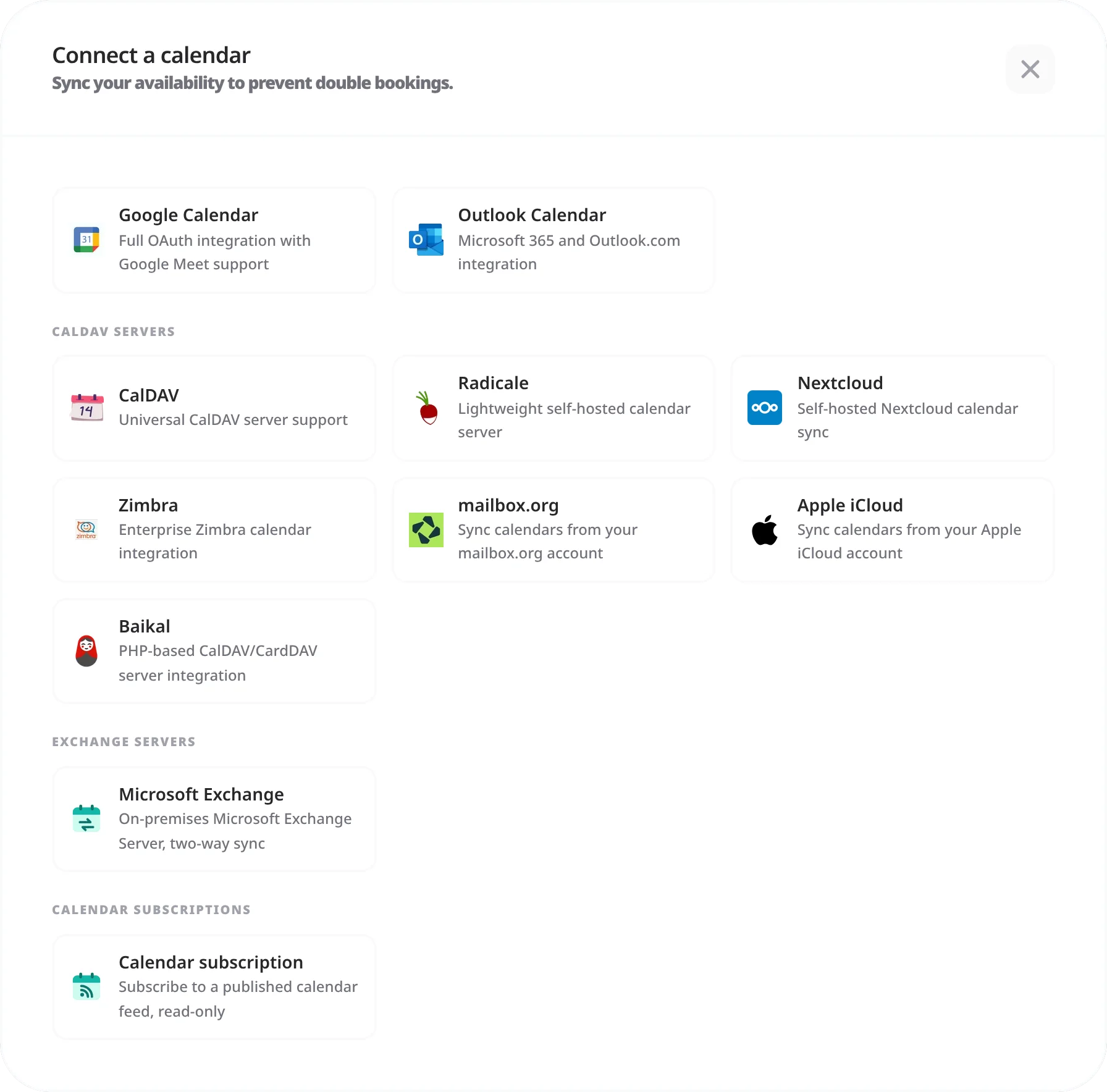 The Connect a calendar dialog with Google Calendar, Outlook Calendar, CalDAV servers, Microsoft Exchange and calendar subscriptions