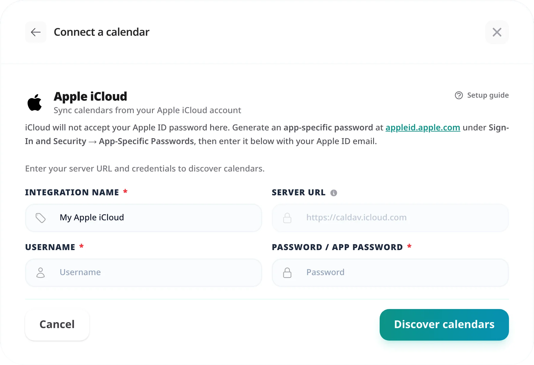 The Apple iCloud connection form with a reminder to use an app-specific password, a fixed caldav.icloud.com server URL, and Username and Password fields