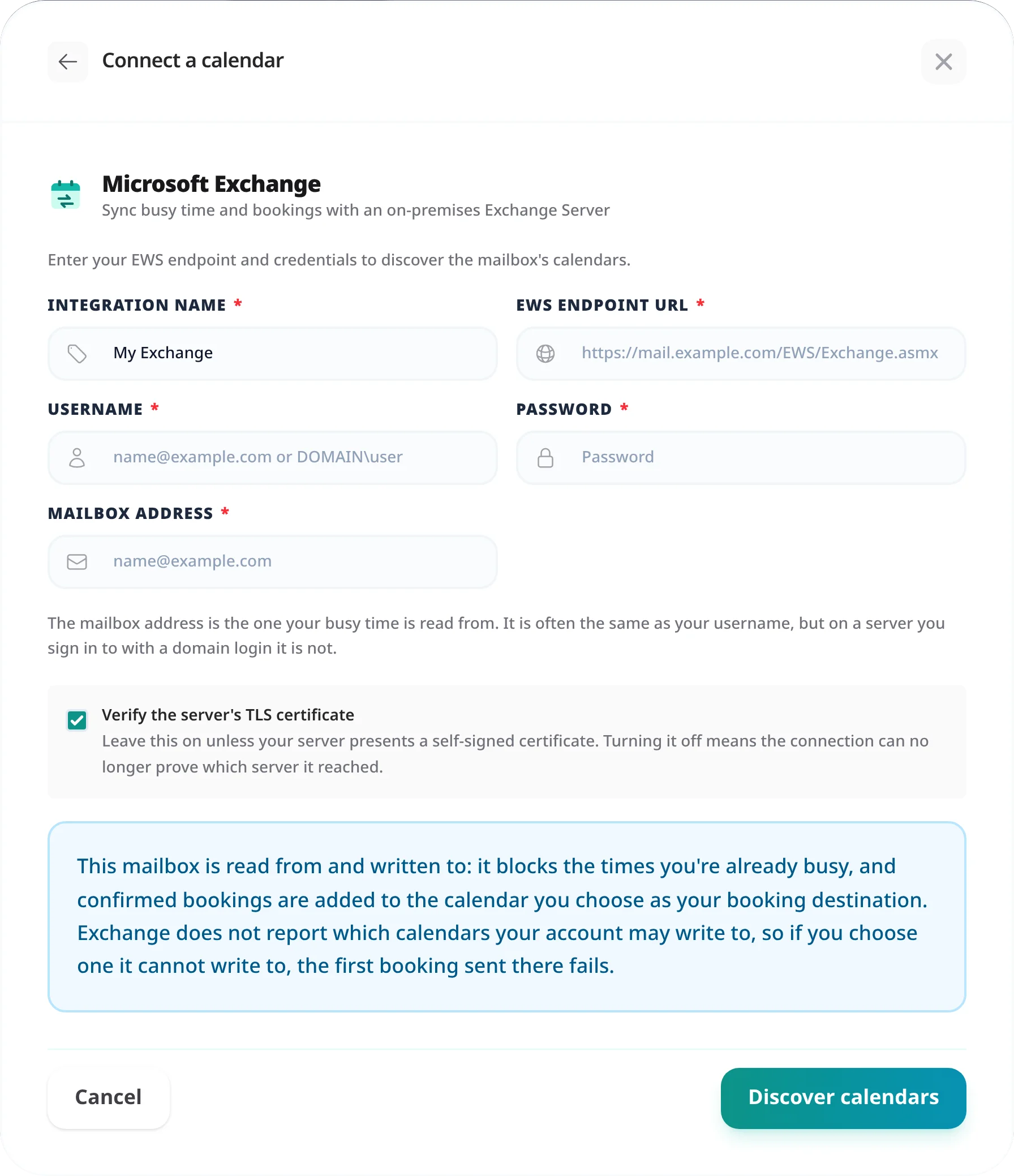 The Microsoft Exchange connection form with EWS endpoint URL, username, password and mailbox address fields, the Verify the server's TLS certificate checkbox, and a Discover calendars button