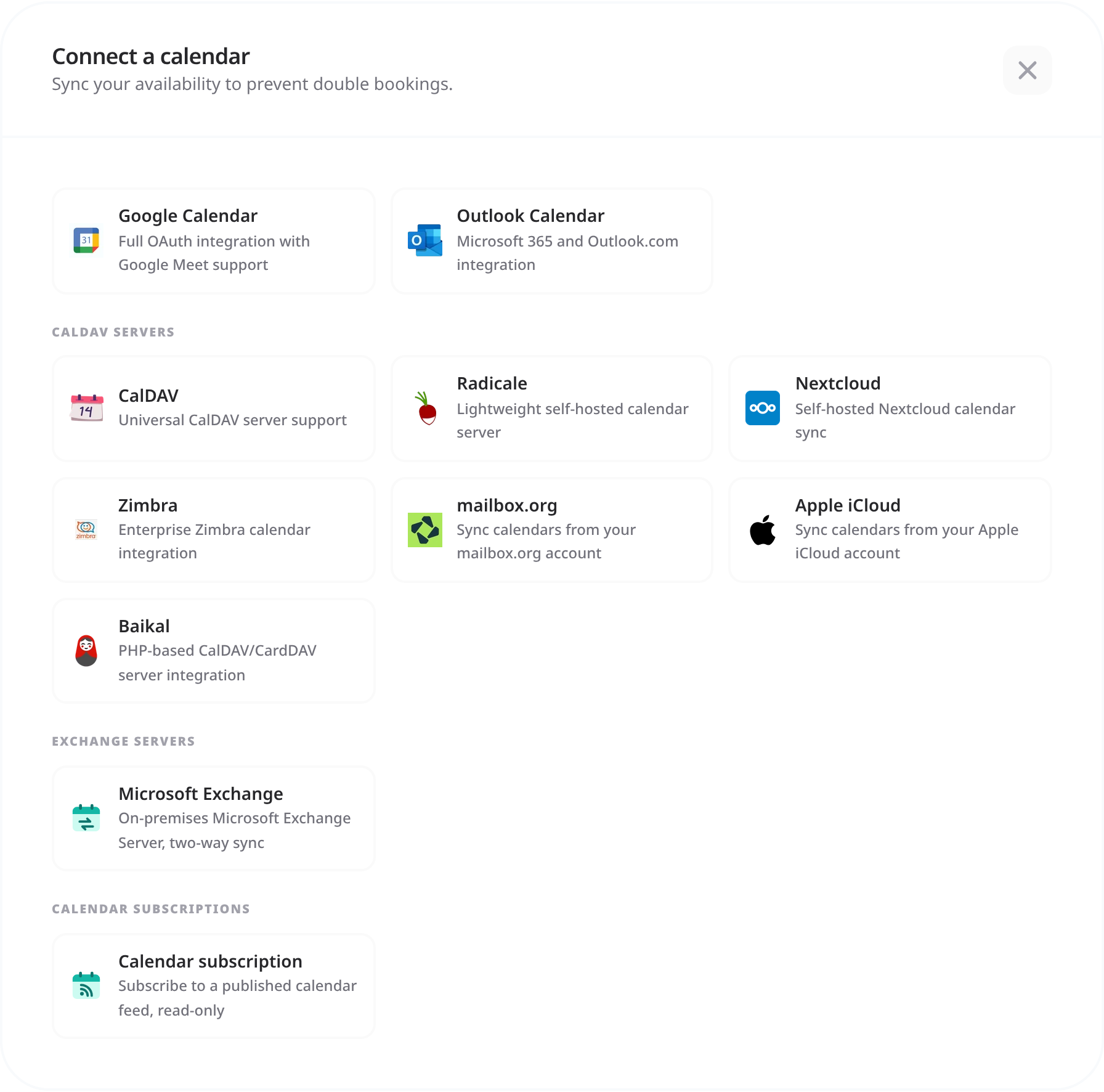 Dialog „Připojit kalendář“ s Kalendářem Google, kalendářem Outlook, servery CalDAV, Microsoft Exchange a odběry kalendářů
