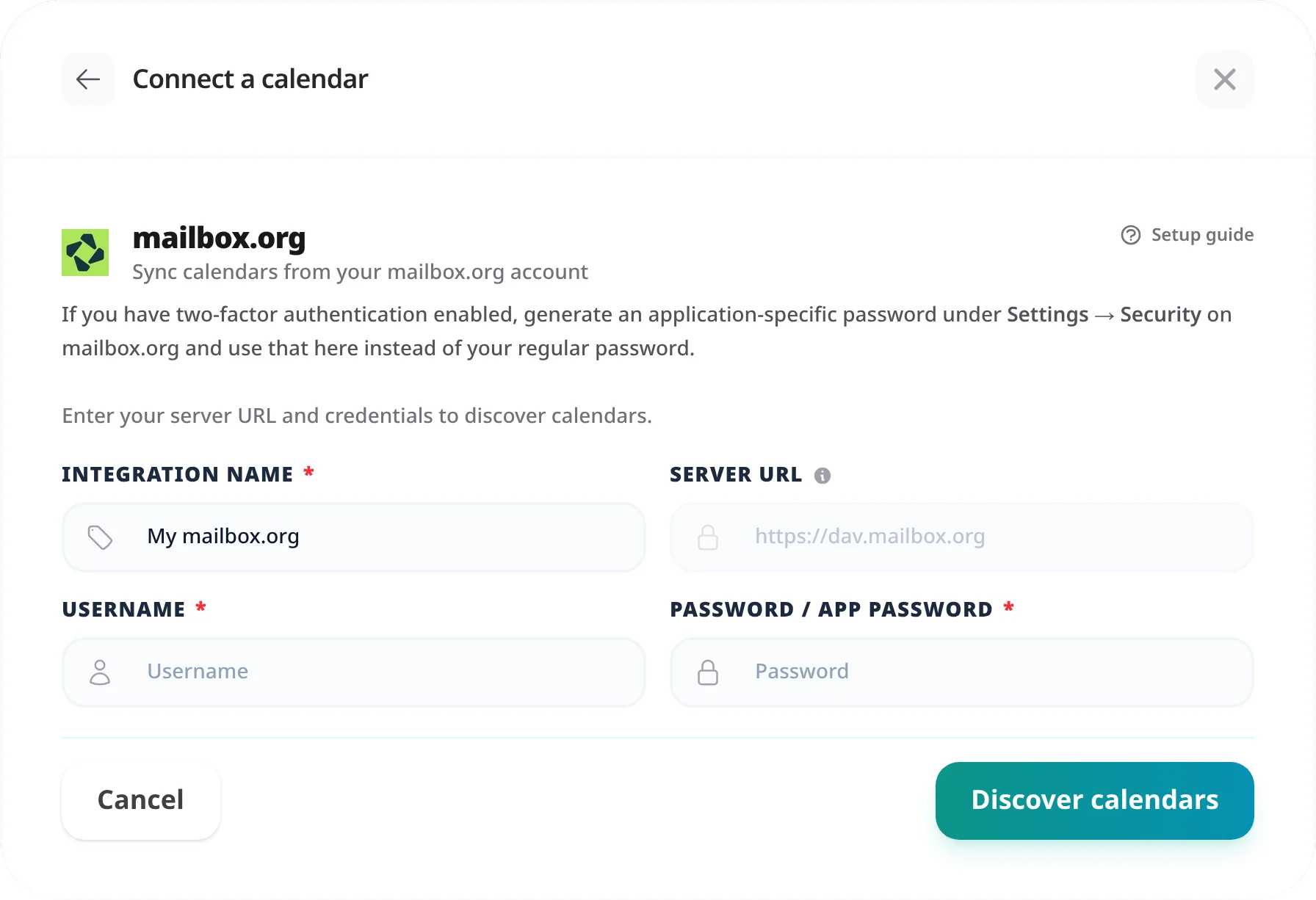 The mailbox.org connection form with a two-factor authentication note, a fixed dav.mailbox.org server URL, and Username and Password fields