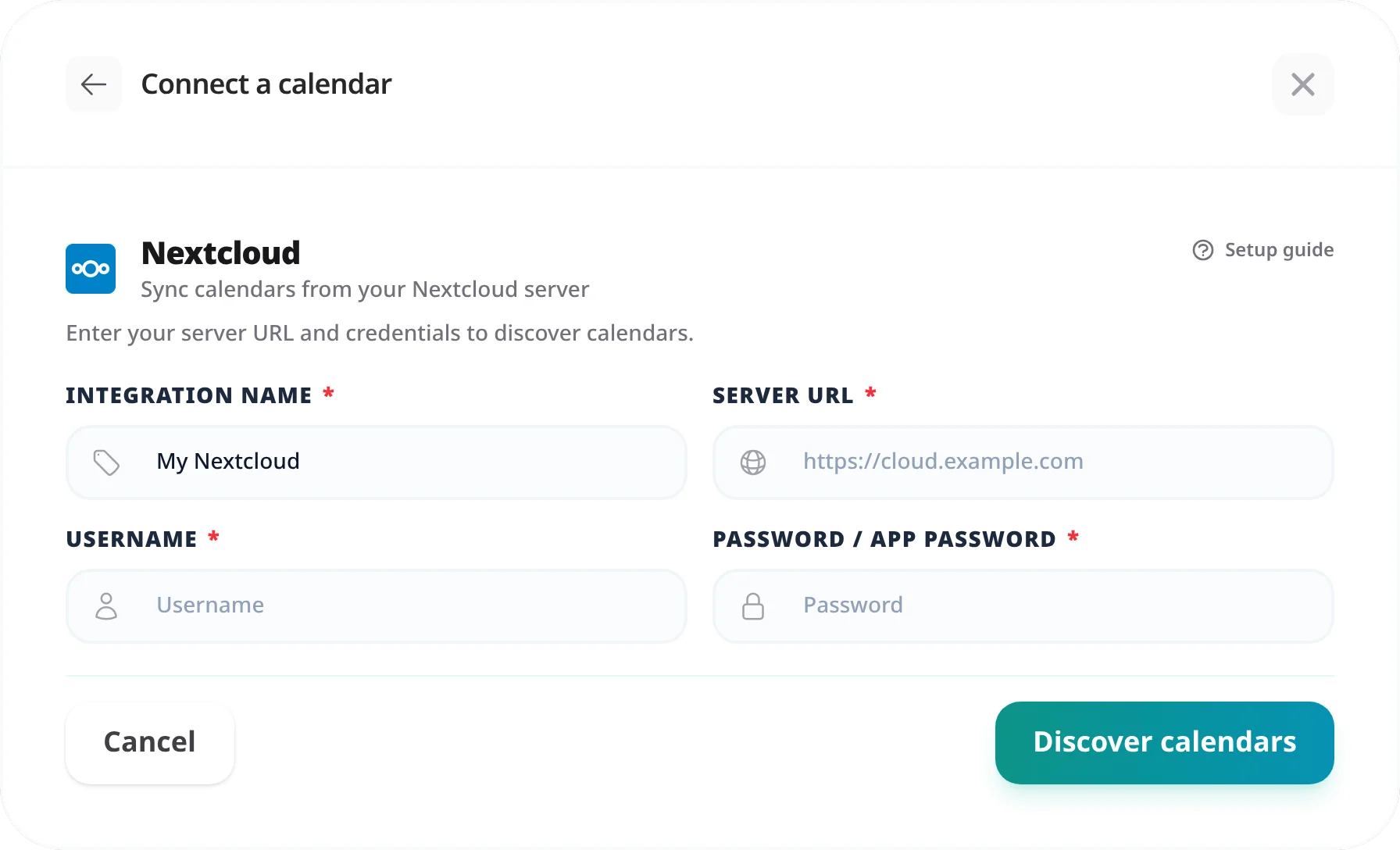 The Nextcloud connection form with Integration Name, Server URL, Username and Password fields and a Discover calendars button