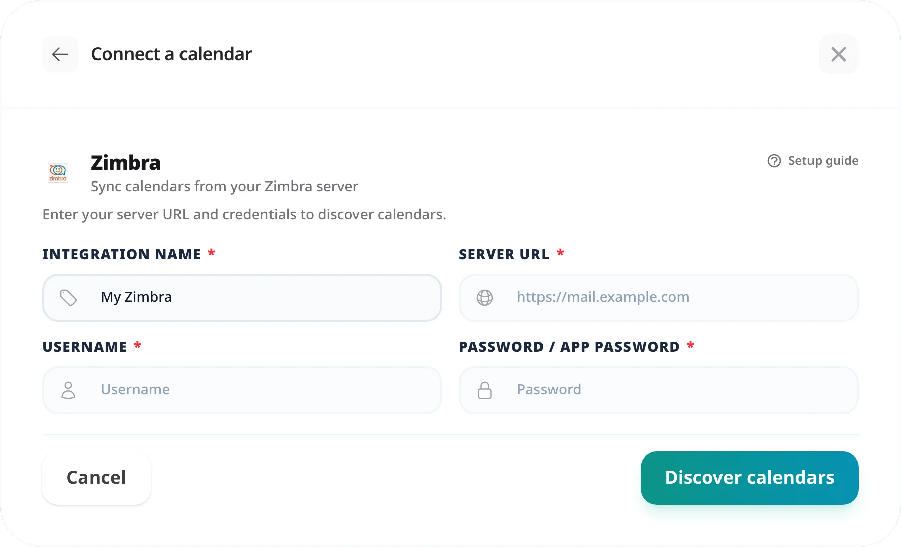 The Zimbra connection form with Integration Name, Server URL, Username and Password fields and a Discover calendars button
