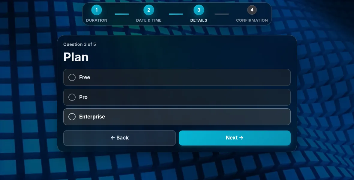 A single-choice custom question rendered on its own page in the booking flow, themed to match the booking page