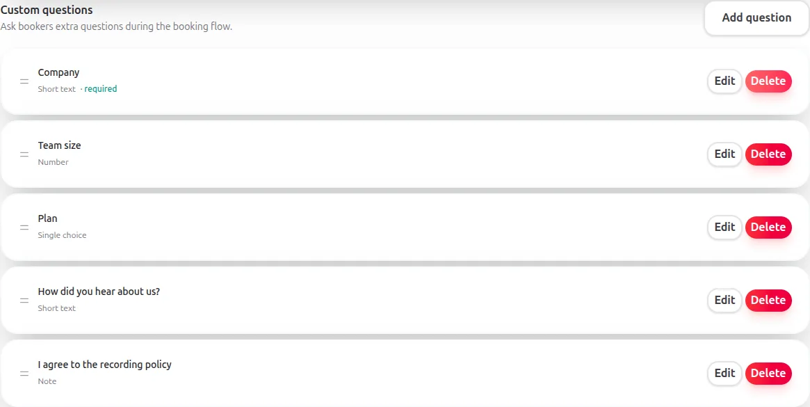 The Custom questions section of the meeting type editor, listing five questions with their types and add, edit, and delete controls