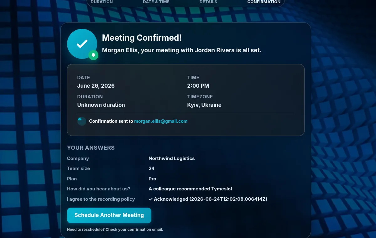 The booking confirmation page showing a Your Answers summary with the booker's responses to every custom question