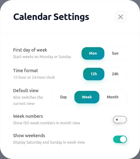 The Calendar Settings modal showing first day of week, time format, default view, week numbers, and show weekends controls