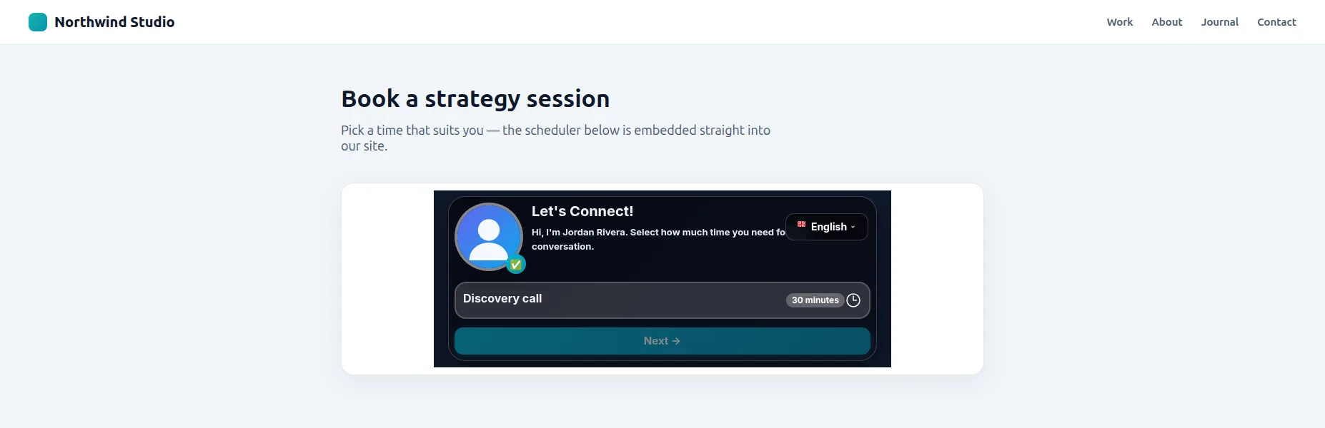 A Tymeslot booking widget embedded inline within a marketing website's page content