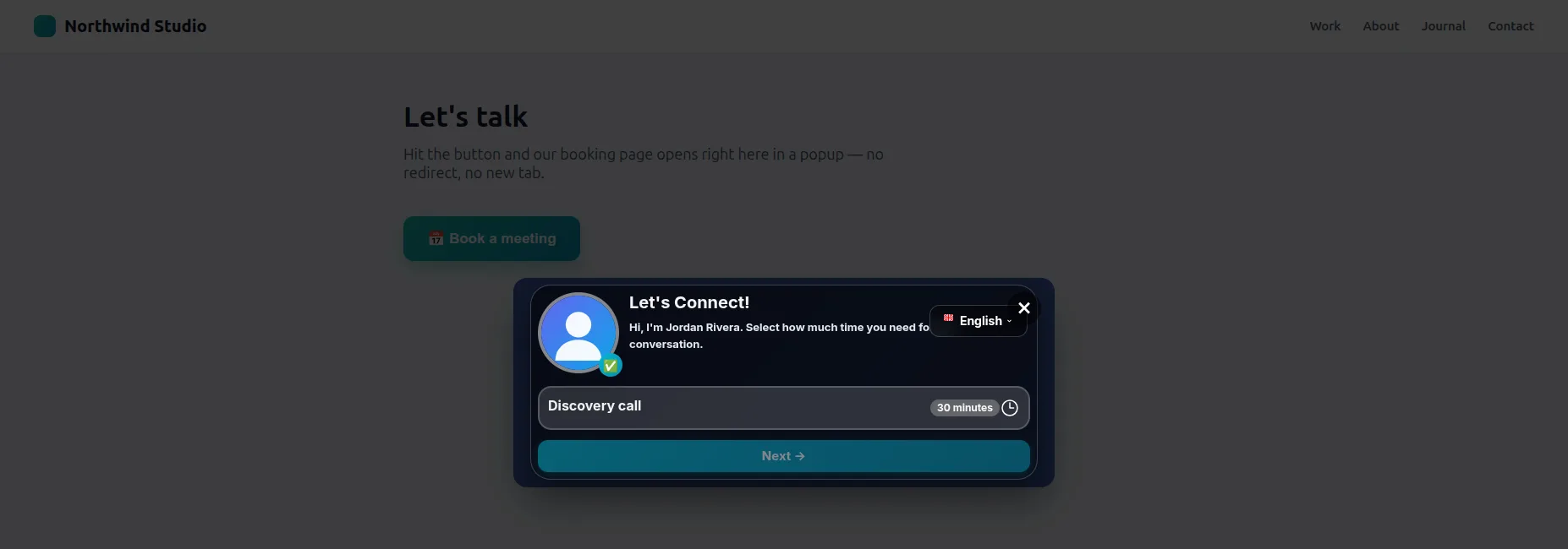 A booking widget opening in a centred popup modal over a dimmed host page