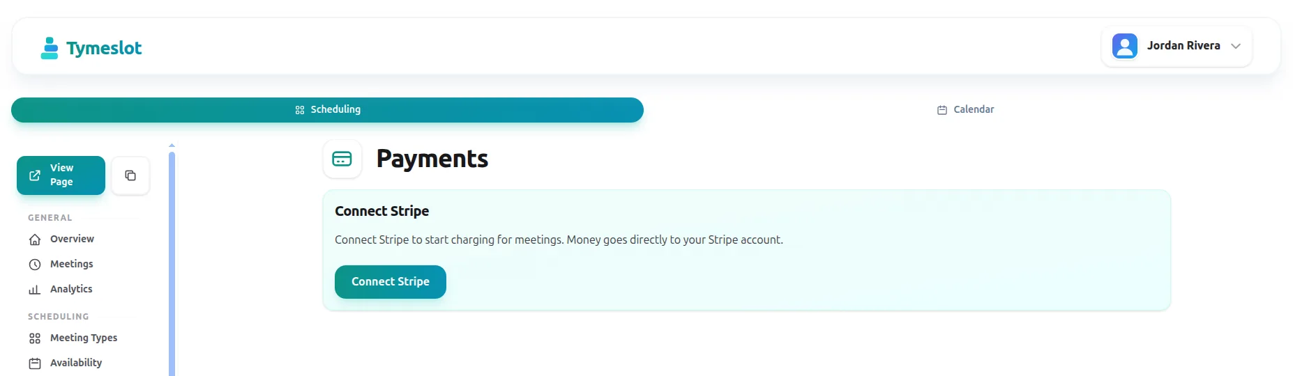 The Payments tab of Dashboard → Integrations showing the Connect Stripe button