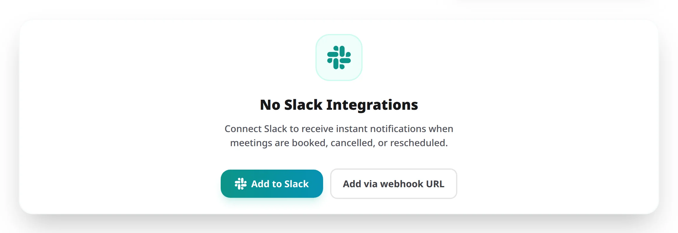 The Slack tab under Automation with no integrations yet, showing the Add to Slack and Add via webhook URL buttons