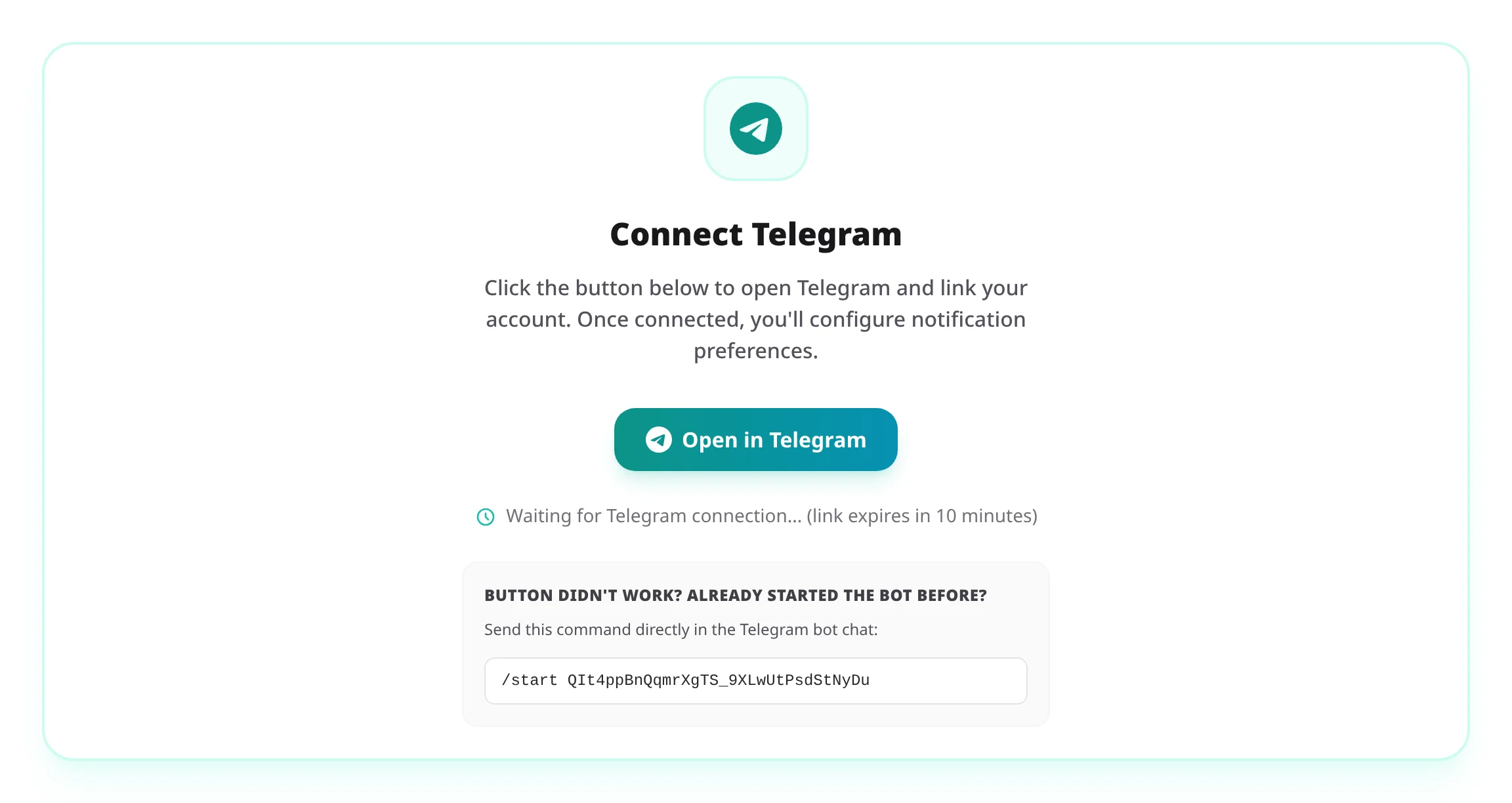 The Connect Telegram step with an Open in Telegram button, a waiting-for-connection status, and a fallback /start command to paste into the bot chat