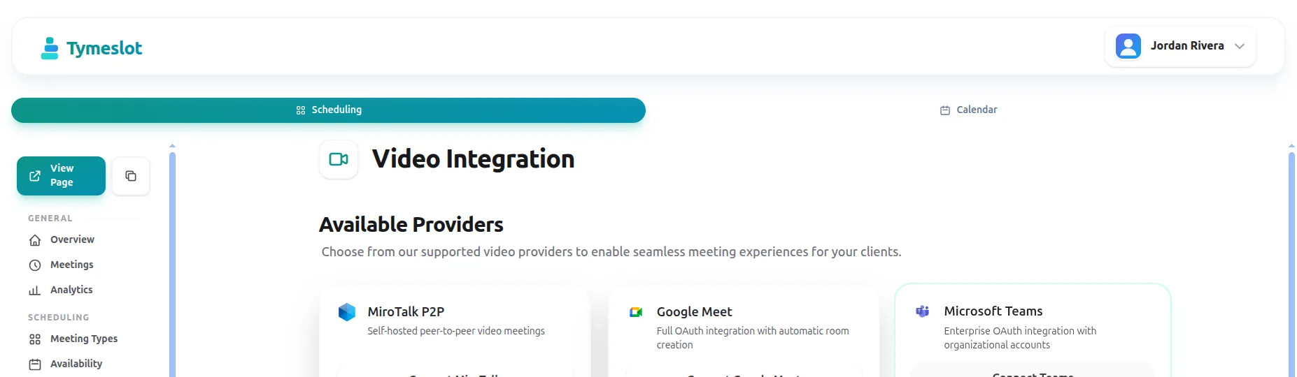 The Video tab of Dashboard → Integrations showing available providers including Google Meet, each with a Connect button