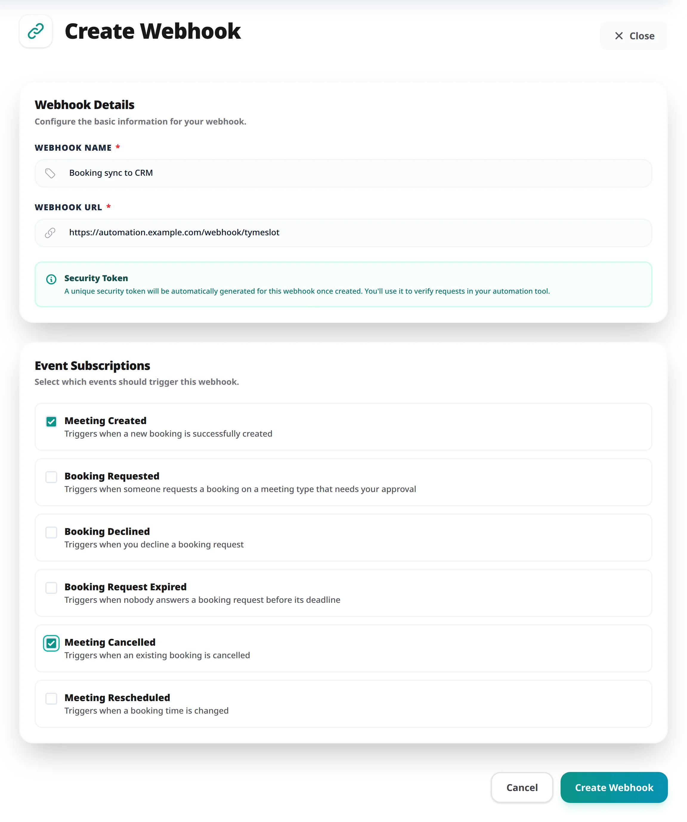 The Create Webhook form with a name, an endpoint URL and event subscriptions ticked