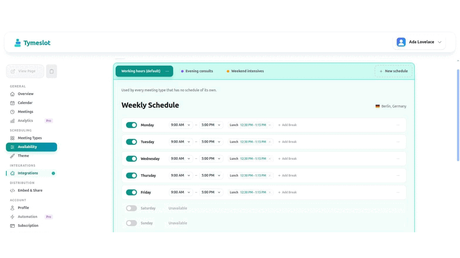 The availability editor with three named schedules as tabs: Working hours, Evening consults and Weekend intensives