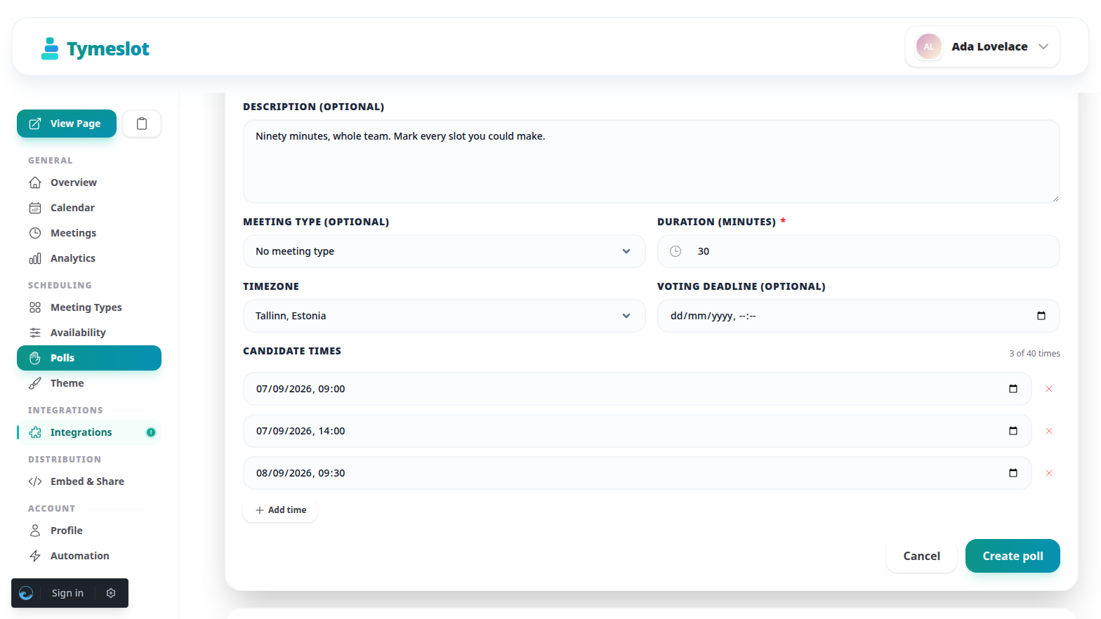 The new poll form with a title, a duration and three candidate times filled in