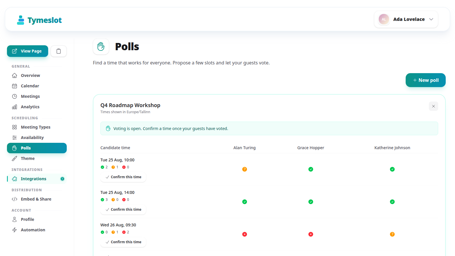 The poll results grid with four candidate times down the left and three guests across the top, each cell showing a tick, a question mark or a cross