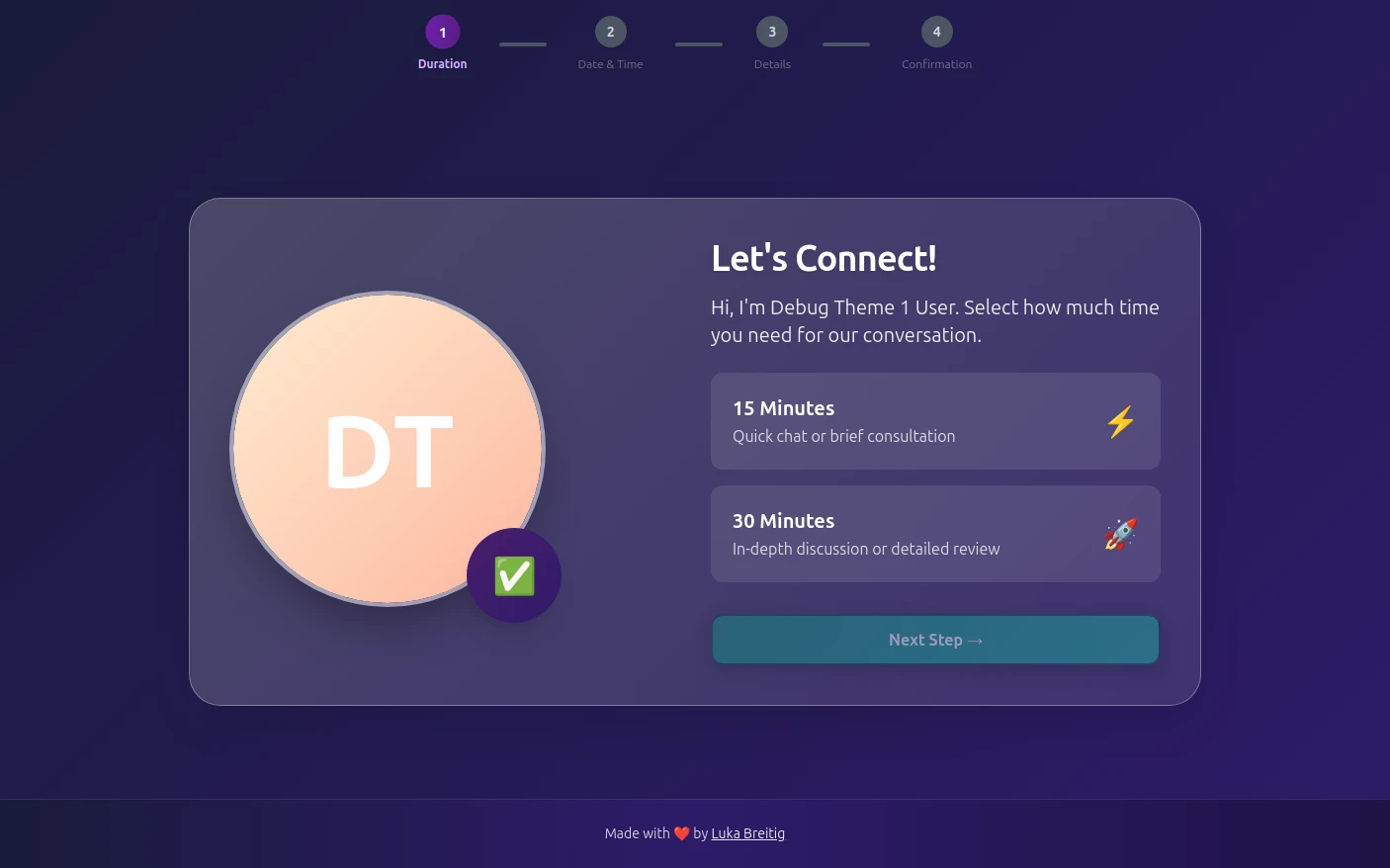 Quill Theme Preview - Glass morphism booking flow